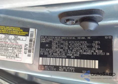 2006 Toyota Sienna Le z USA, uszkodzony, nr VIN 5TDZA23C06S409899